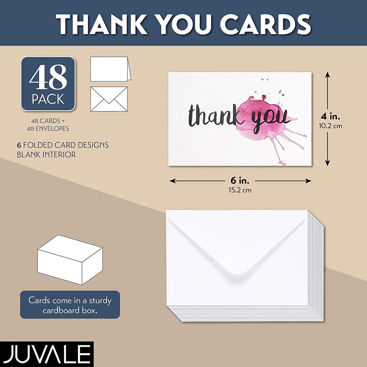 Blank Thank You Cards with Envelopes, 6 Watercolor Designs (4x6 In, 48 Pack)