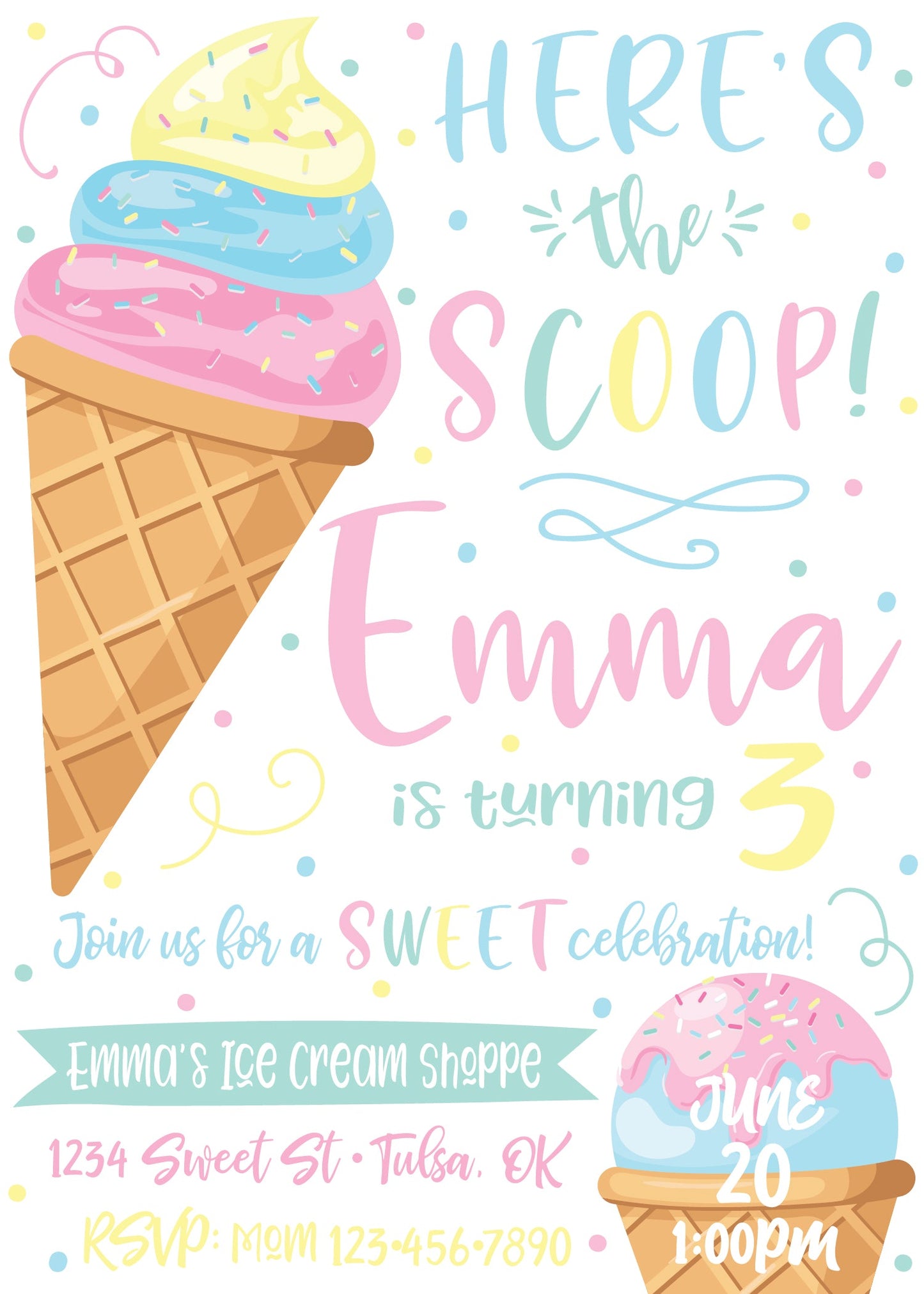 Here's the Scoop Ice Cream Birthday Party Invitation