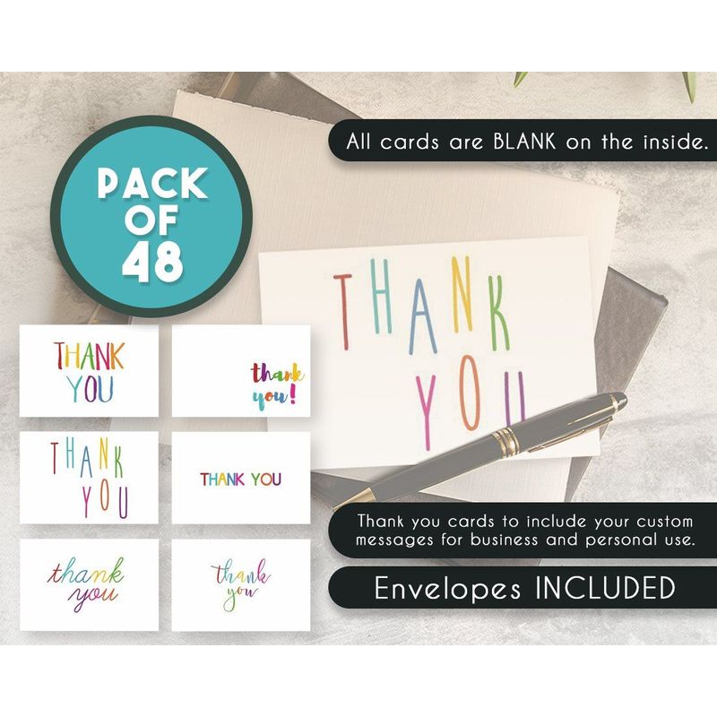 Blank Thank You Cards with White Envelopes, 6 Colorful Designs (4 x 6 In, 48 Pack)