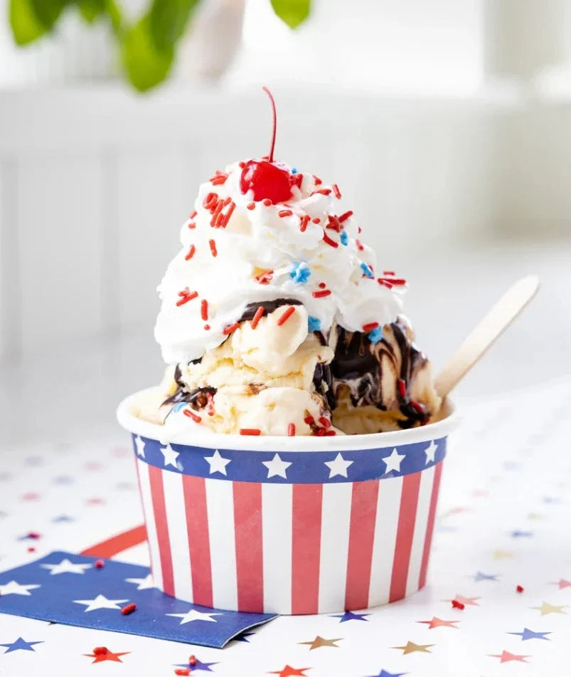 Patriotic Stars & Stripes Ice Cream Cups & Wooden Spoons